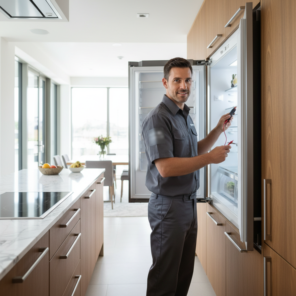 Professional appliance repair technician working in a premium kitchen