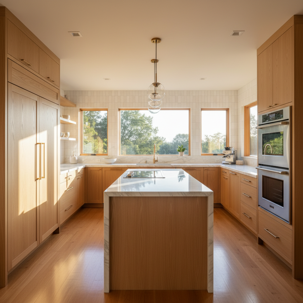 Bright upscale kitchen with integrated KitchenAid-style appliances