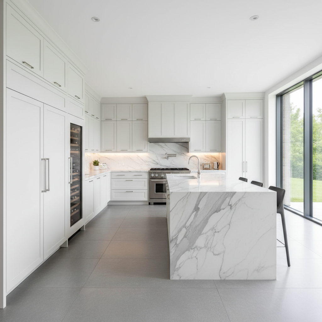 Luxury modern kitchen with built-in refrigerator and professional range
